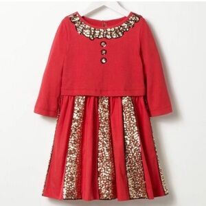 Mini Boden red and gold sequin cotton skater dress size 6-7y Christmas